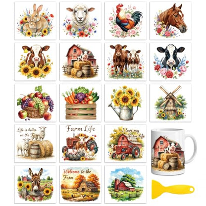 Peacoblue 18 Sheets Rub on Transfers for Crafts, Farm Style 3.6"x3.9" UV DTF Cup Wraps Waterproof Rub on Cold Transfers Stickers for Wood Glass Metal Cup Tumblers Mirrors Mugs Home Decor - style: Farm Style