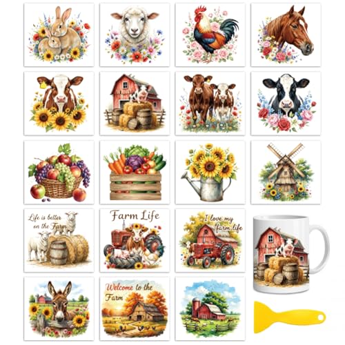 Peacoblue Farm Style Rub On Transfers for Craft, Transfer Sticker | 18 Sheets UV DTF Transfers, Waterproof Rub On Decals for Wood, Glass, Furniture, Tumblers & Home Decor Crafts - style: Farm Style