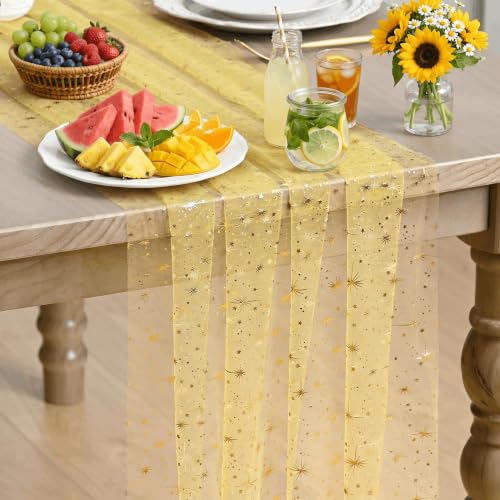 Artoid Mode Gold Stars Yellow Gauze Table Runner 120 Inch 10FT, Reversible Glitter Sheer Dining Wedding Holiday Birthday Table Decor for Home Party - color: Yellow Gold, size: 28" x 120"
