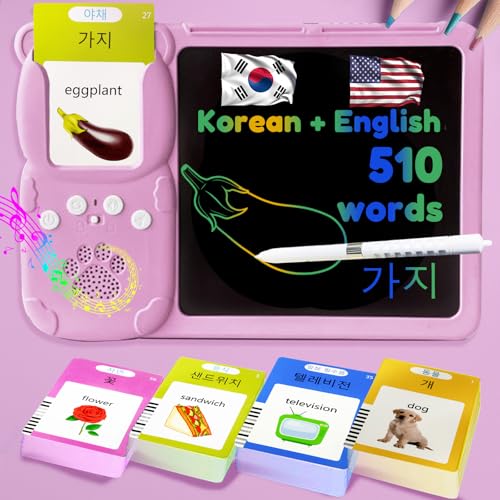 Writing Tablet with Bilingual Flash Cards for Kids, Korean, Pink - color: Korean, size: Pink