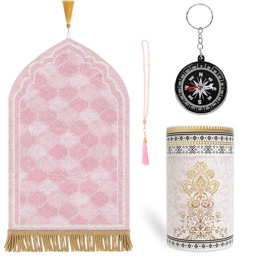 Muslim Prayer Mat Set, 4 PCS Soft Portable Islamic Prayer Rug with Cylinder Gift Box, Beads, Compass for Women Men Daily Salah Meditation Ramadan Eid Gifts 43 * 27 inch（Pink） - color: Pink