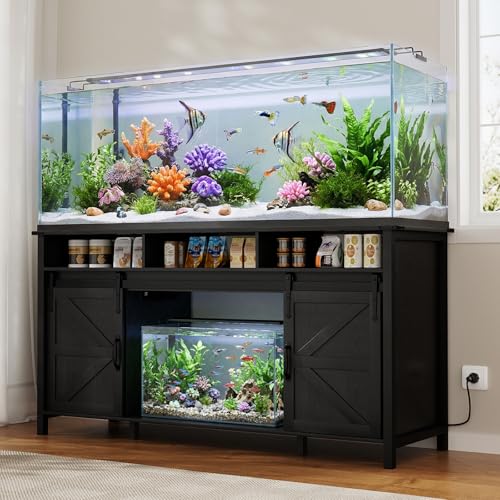 VOWNER 75-120 Gallon Fish Tank Stand with Power Outlet, Farmhouse Aquarium Stand with Storage Cabinet & Sliding Barn Doors, Heavy Duty Reptile Tank Stand, for 2 Tanks, 1000LBS Capacity, Black - color: Black