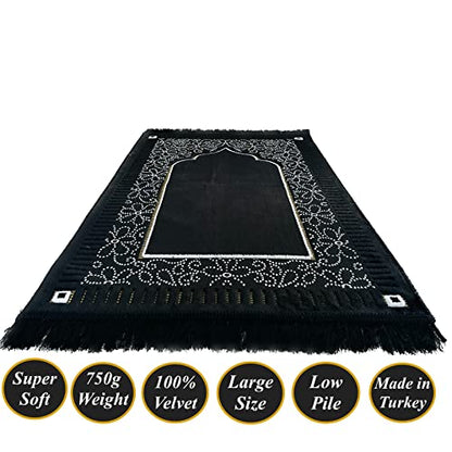 Mihrab Patterned Original Luxury Velvet Prayer Mat/Rug- 750g Weight | Made in Turkey (Black) - color: Black