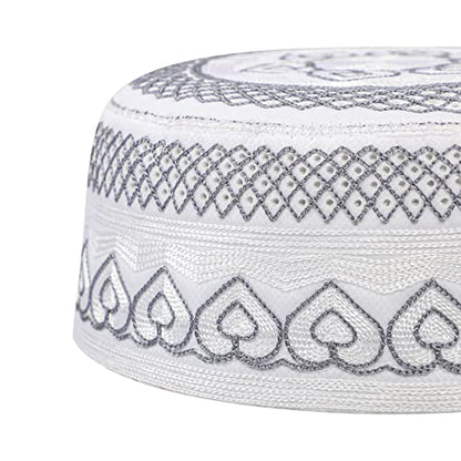 Muslim Prayer Kufi Hat for Men Boys Islamic Beanie Skull Cap Prayer Headwear Embroidery Kofia Topi Sun Hat Ramadan Eid Gift - color: Grey, Heart Embroidery