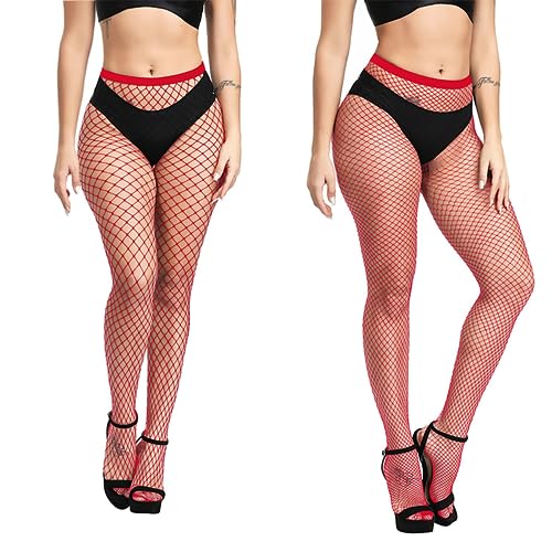 E-Laurels Womens High Waist Patterned Fishnet Tights Suspenders Pantyhose Thigh High Stockings Black - color: Red 2 Pcs M+l