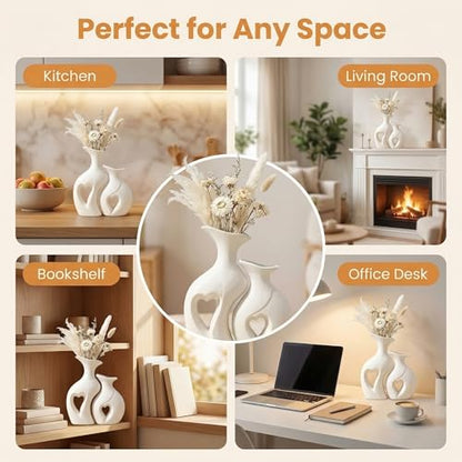 White Heart Vase Set of 2,Modern Vases for Home Console Table Decor for Living Room Coffee Table Fireplace Bookshelf Decorations（3.5" L x 4.4" W x 8.5" H）