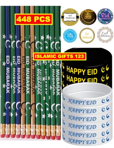448 Pcs Eid Mubarak Pencils Wristbands Stickers Set Eid Pencils Eid Wristbands Eid Stickers Eid Mubarak Party Ramadan Gift for Muslims (Eid Pack) - color: Eid Pack