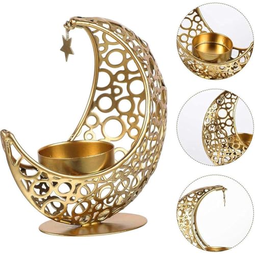 Crescent Moon Candle Holder with Star - Metal Tealight Stand for Ramadan Decor, Candlestick Holder Eid Mubarak, Boho Moon and Star Decorative Ornament for Bedroom, Living Room,Meditation Centrepiece