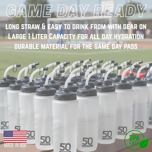 50 Strong 1 Liter Water Bottle with Straw – 18-Pack Easy-Squeeze Sports Bottles with Long Straw & Built-In Finger Grip – BPA-Free & Made in USA – Ideal for Hockey & Team Sports - size: 18 Pack