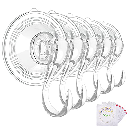 VIS'V Suction Cup Hooks with Wipes, Removable Reusable, Clear, Large, 5 Pcs | Clear Invisible Design, Locking Suction Technology, Dual Vacuum Suction, Heavy Duty, Fits for Smooth Flat Surfaces