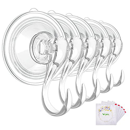 VIS'V Suction Cup Hooks with Wipes, Removable Reusable, Clear, Large, 5 Pcs | Clear Invisible Design, Locking Suction Technology, Dual Vacuum Suction, Heavy Duty, Fits for Smooth Flat Surfaces