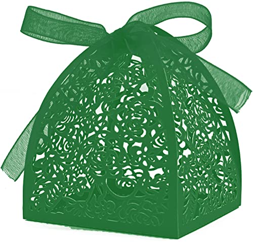 Auto-plaza 50 Pieces Beauty Laser Cut Favor Boxes DIY Wedding Birthday Gift Candy Boxes with Ribbons (Green) - color: Atrovirens Green