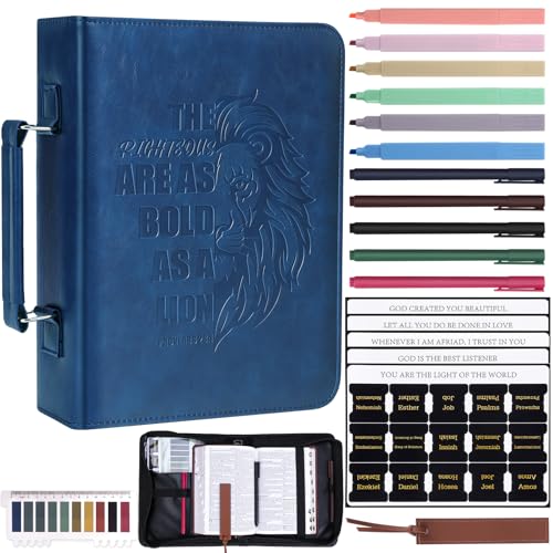 XKDOUS Bible Cover for Men Leather Bible Bag Large Book Carrying Case Kit - color: Navy Lion