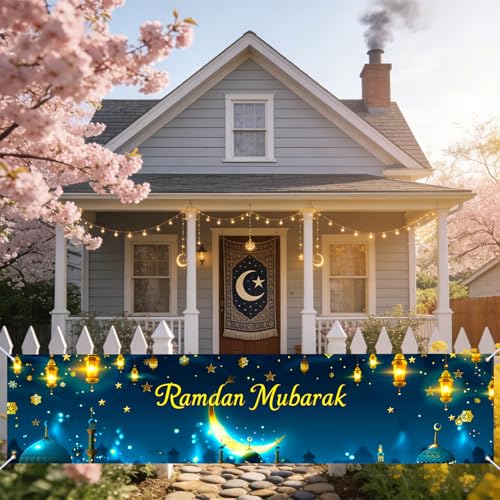 Nuxovilar Ramadan Mubarak Crescent Lantern Banner Polyester 17.72×78.74inches - Ramadan banner for Mosque, Yard, Outdoor Decor - color: Ri50587