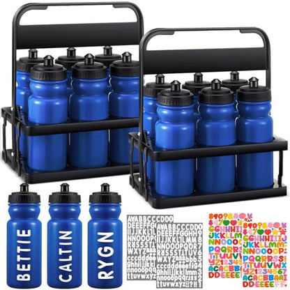 Suclain Water Bottle Carrier with 20 Oz Bottles and Stickers Plastic Wide Mouth Sports Water Bottle Squeeze Team Bottles with Black Lid for Fitness Bike Gym(14 Pcs,Dark Blue) - color: Dark Blue