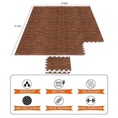 Sorbus Wood Grain Floor Mats Foam Interlocking Mats Each Tile 1 Square Foot 3/8-Inch Thick Flooring Wood Mat Tiles - Home Office Playroom Basement Trade Show (16 Tiles,16 Sq ft, Brown) - color: Brown