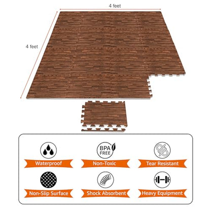 Sorbus Wood Grain Floor Mats Foam Interlocking Mats Each Tile 1 Square Foot 3/8-Inch Thick Flooring Wood Mat Tiles - Home Office Playroom Basement Trade Show (16 Tiles,16 Sq ft, Brown) - color: Brown