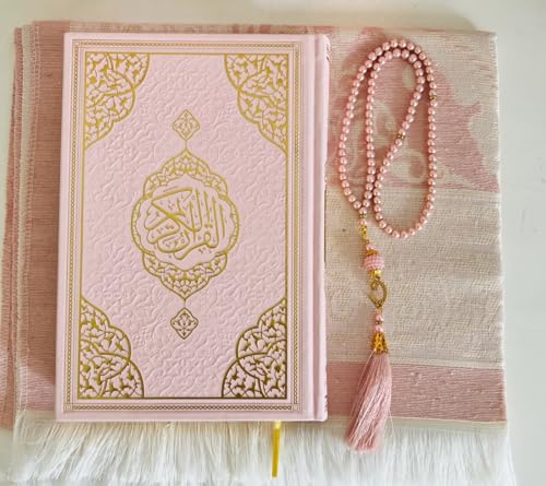 Muslim Prayer Rug, Elegant Full Arabic Thermo Leather Quran(9.4 * 6,6 inch / 24 * 17 cm) Beads I Perfect Islamic Gift I Suitable for Men, Women, Kids I Luxury Gift | Islamic Ramadan Eid Gifts - color: Pink