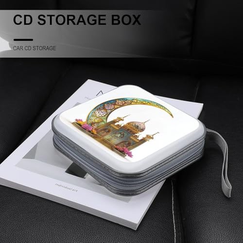 Stained Glass Golden Crescent Moon And Islamic House CD Case DVD Storage Case Portable CD Case Holder Storage CD Wallet Holder Organizer for Car Home Travel
