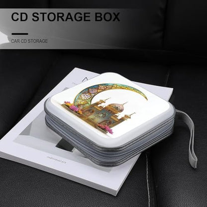 Stained Glass Golden Crescent Moon And Islamic House CD Case DVD Storage Case Portable CD Case Holder Storage CD Wallet Holder Organizer for Car Home Travel