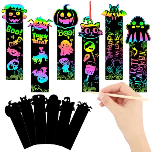 JUNEBRUSHS 30Pcs Halloween Scratch Bookmarks, Rainbow Magic Scratch Paper Art Pumpkin Bat Spider DIY Crafts Kit for School Classroom Activity Halloween Gifts - style: Halloween Style
