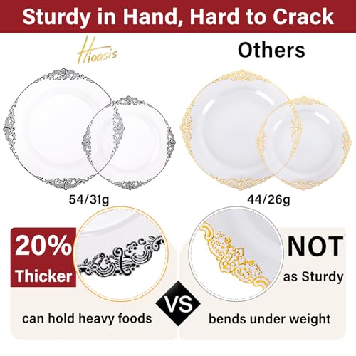 Hioasis 175pcs Clear and Black Plates - Black Party Plates for 25 Guest, Include 50 Heavy-duty Plates(20% Thicker Than Standard), 25 Pre Rolled Gold Plastic Silverware Set, 25 Cups - color: Clear and Black