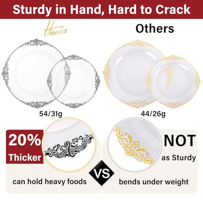 Hioasis 175pcs Clear and Black Plates - Black Party Plates for 25 Guest, Include 50 Heavy-duty Plates(20% Thicker Than Standard), 25 Pre Rolled Gold Plastic Silverware Set, 25 Cups - color: Clear and Black