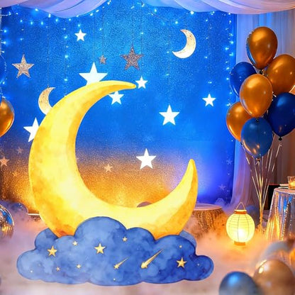 Large Crescent Moon Cardboard Cutout Decorations 3.3 Ft Moon Stand Up Backdrop Blue Gold Starry Night Party Photo Props for Birthday Wedding Eid Mubarak Homecoming Movie Night Baby Shower