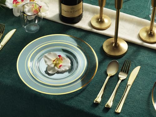 125 Piece Gold Dinnerware Party Set - 50 Gold Rim Clear Plastic Plates, 25 Dinner 25 Dessert Plates, 25 Knives, 25 Forks, 25 Spoons - 25 Guest Disposable Set for Wedding Birthday Parties - color: Clear / Gold