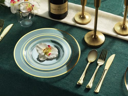 125 Piece Gold Dinnerware Party Set - 50 Gold Rim Clear Plastic Plates, 25 Dinner 25 Dessert Plates, 25 Knives, 25 Forks, 25 Spoons - 25 Guest Disposable Set for Wedding Birthday Parties - color: Clear / Gold