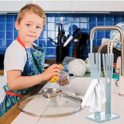 Kitchen Gloves Holder Mitten Dryer Reusable Rubber Glove Clothes Drying Rack Plastic Washing Sink Holder Stand Towel Hanger for Dish Gloves Rags Sponge Food Bag Organizer Blue