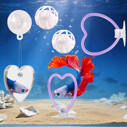 Betta Fish Toys, 2 PCS Heart Fish Exercise Ring and Nitrifying Balls Set, Heart Betta Mirror Toy Set, Feeding Ring with Suction Cup, Fishing Tank Accessories for Gifts (Purple) - color: Purple Heart