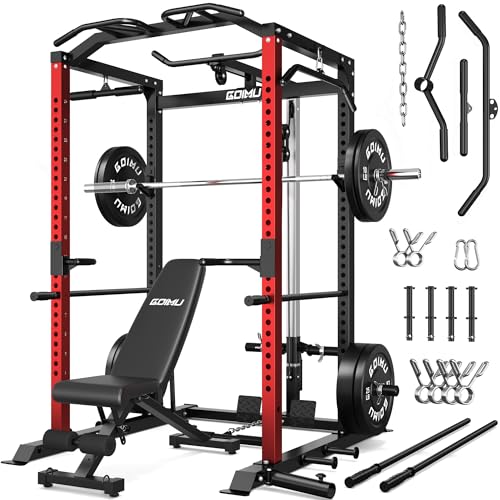 C1-V4 Power Cage, 2000LBS Squat Rack with LAT Pulldown, Multi-Function Weight Cage Strength Training Machine, Workout Cage with More Attachments for Home Gym Garage - style: 210LBS RD Home Gym Packages