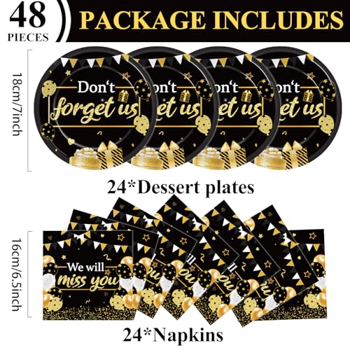 48Pcs We Will Miss You Paper Plates and Napkins Farewell Party Decorations Goodbye Party Supplies Black and Gold Going Away Disposable Tableware Set for Leaving Retirement Graduation Serve 24 - style: We Will Miss You