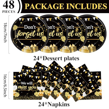 48Pcs We Will Miss You Paper Plates and Napkins Farewell Party Decorations Goodbye Party Supplies Black and Gold Going Away Disposable Tableware Set for Leaving Retirement Graduation Serve 24 - style: We Will Miss You