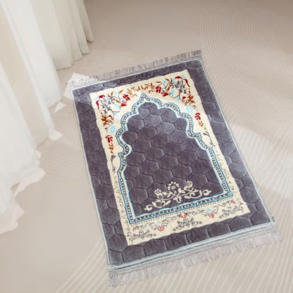 Muslim Prayer Rug with Tasbih Prayer Beads, Soft Large Prayer Matt Islam, Padded Islamic Prayer Mat Thick for Men and Women, Janamaz, Sajadah (31.5" x 47.2", Grey) - color: Grey