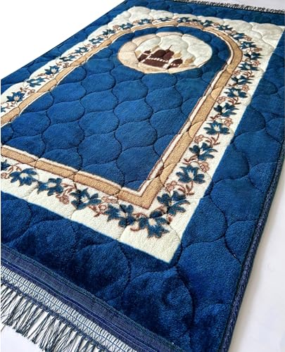 Prayer Rug Muslim Mat Islamic - Very Thick Prayer Rug Sajadah for Men Women with Islam Prayer Beads for Eid Travel Ramadan, Soft and Luxury (R_Blue) - color: R_blue