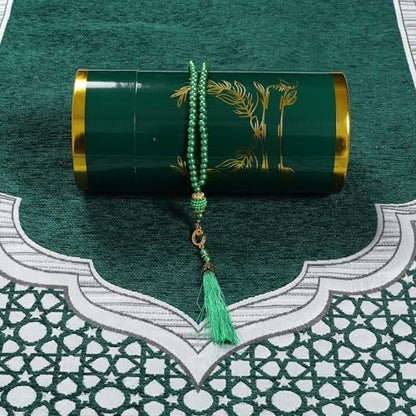 Muslim Prayer Rug and Beads with Elegant Cylinder Gift Box, Thin Woven Chenille Sajjadah for Men Women Kids, Soft Islamic Carpet Mat for Ramadan Eid (Green) - color: Green