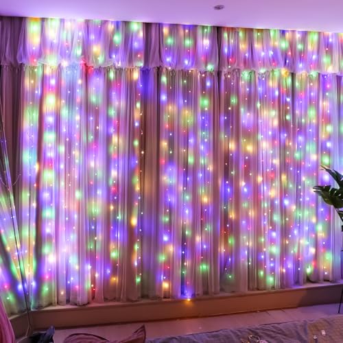 HXWEIYE 300LED Fairy Curtain Lights, 9.8x9.8Ft USB Plug-in 8 Modes Christmas String Hanging Lights with Remote for Bedroom Backdrop Wedding Indoor Wall Decor, Multicolor, Standard – 1 Pack - color: Multicolor, size: Standard – 1 Pack