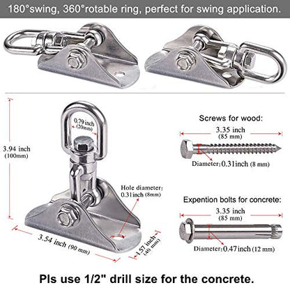 SELEWARE Heavy Duty Swing Hanging Kit: 1000LB Capacity Stainless Steel Swing Chains + Ceiling Mount with Swivel Hook for Hammocks, Punching Bags, Yoga Swings & Playground Sets