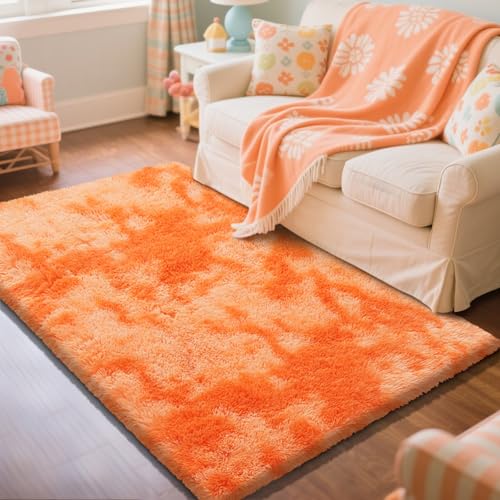 Mottling Orange Fluffy Rug Shag Area Rug 2x4 Area Rugs for Bedroom, Soft Play Mat, Indoor Floor Carpet for Teen, Preppy Dorm, Plush Aesthetic Bedside Rug - color: Mottling Orange, size: 2' x 4' (Rectangular)