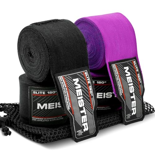 'Meister Elite 180'' Premium Adult Hand Wraps for MMA & Boxing - 2 Pair Pack w/Mesh Bag' | Premium double-woven elastic blend, maximum wrist support and knuckle protection for boxing, MMA and Muay Thai - color: Black & Royal Purple