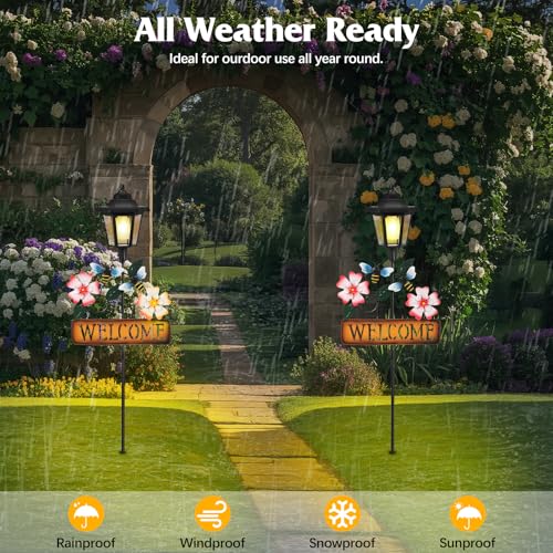 Lewondr Solar Garden Lights Bee, 37.4 Inch Solar Lamp Post Light with Welcome Sign & Bees, Outdoor Waterproof Solar Stake Lights for Yard Porch Patio Pathway Gardening Gifts, 2 Pack - style: Pink Flowers & Bees