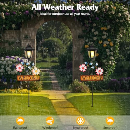 Lewondr Solar Garden Lights Bee, 37.4 Inch Solar Lamp Post Light with Welcome Sign & Bees, Outdoor Waterproof Solar Stake Lights for Yard Porch Patio Pathway Gardening Gifts, 2 Pack - style: Pink Flowers & Bees