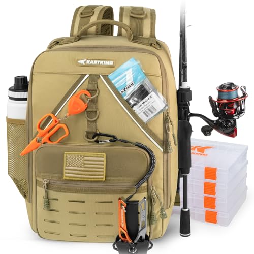 KastKing KarryAll Fishing Backpack with Rod Holder 4 Tackle Boxes, 40/26L | Tackle Bag Storage Fishing Gear and Equipment, Water‑Resistant Material, Fishing Gift for Men - color: E: Medium (26 L) - Khaki