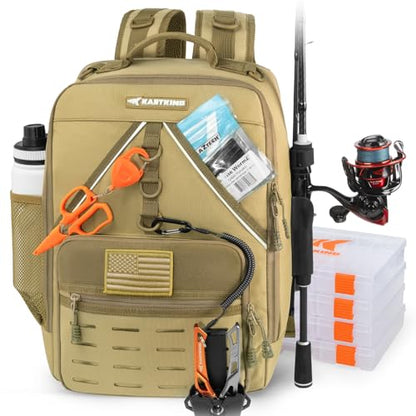 KastKing KarryAll Fishing Backpack with Rod Holder 4 Tackle Boxes, 40/26L | Tackle Bag Storage Fishing Gear and Equipment, Water‑Resistant Material, Fishing Gift for Men - color: E: Medium (26 L) - Khaki