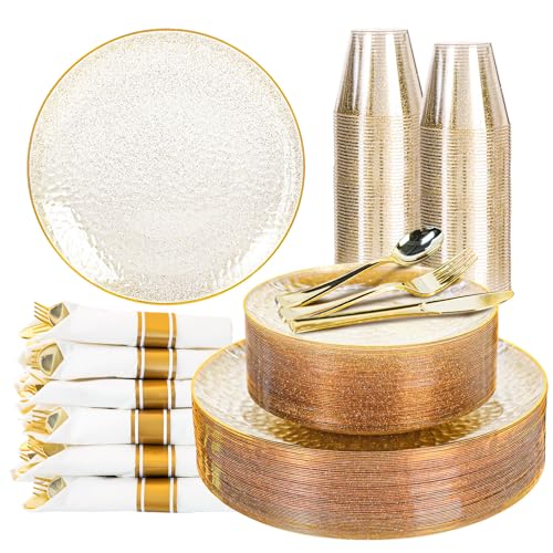 HOMIP 175PCS Clear Gold Glilter Plastic Dinnerware Set,Prerolled Silverware - size: 175PCS