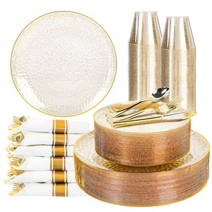HOMIP 350 PCS Plastic Dinnerware Set (50 Guests), Clear Party Plates Include 50 Dinner Plate, 50 Dessert Plate, 50 Cups, 50 Gold Cutlery Set And Pefect for Party and Wedding - size: 350PCS