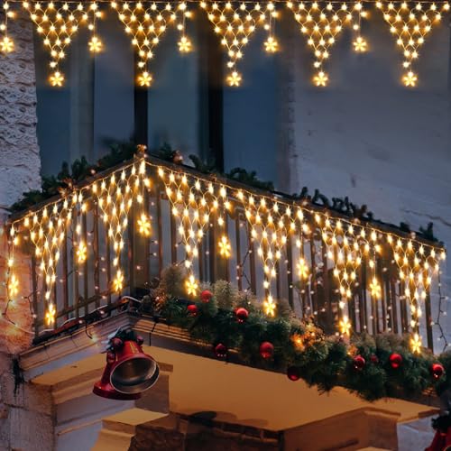 Ramadan Lights Outdoor Decorations 218 LED 13.8ft Star Curtain Fairy Lights with 12 Drops, Clear Wire LED String Light Decor with 8 Modes for Wedding Party Holiday Christmas Home Indoor Outdoor Decor - color: Star-Warm White