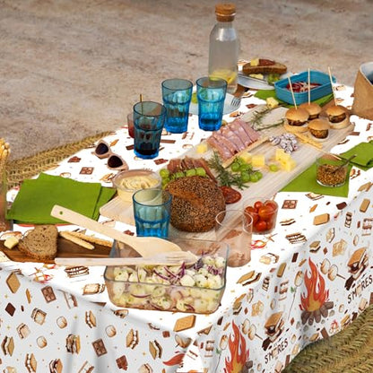 1Pc Camping Party Plastic Tablecloth 54 x 87 Inch Long Table Cover, Marshmallow Sandwich Party Tablecover for Bonfire Camp Theme Kids Baby Shower Birthday Dinner Picnic Kitchen Event - color: Camping